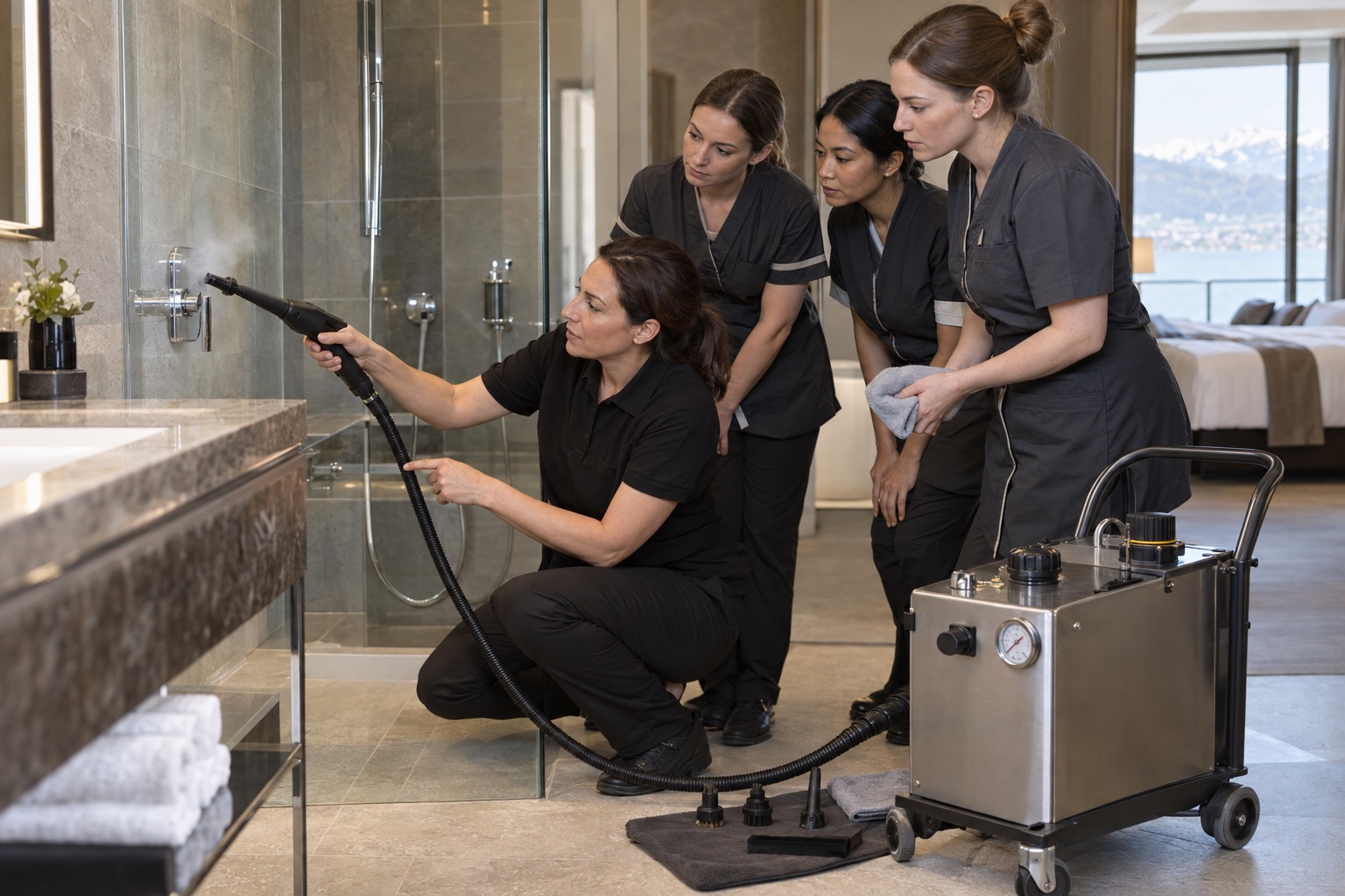 Housekeeping-Team bei einer praktischen Schulung an einem professionellen Dampfreiniger